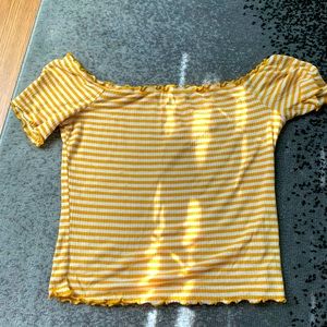 Yellow and white striped lettuce trim shirt